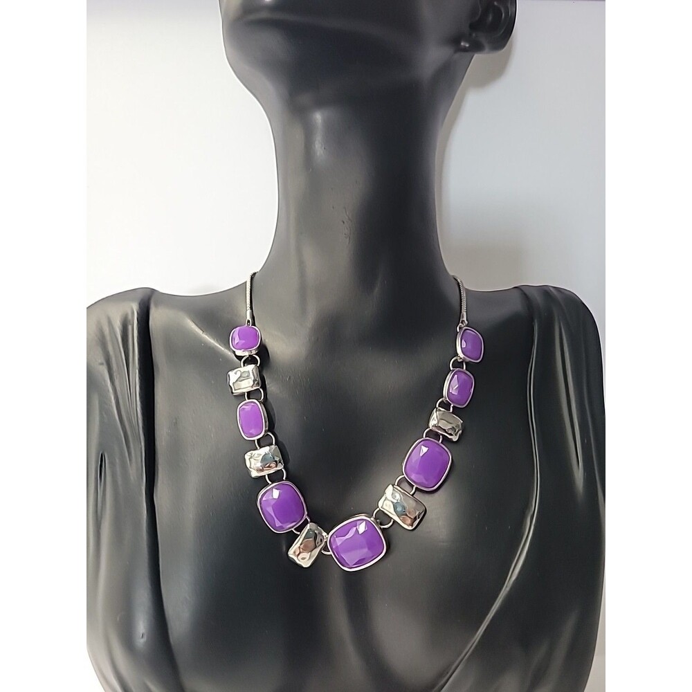Vintage Purple Faceted Glass Silver Tone Statement Necklace Geometric Jewelry